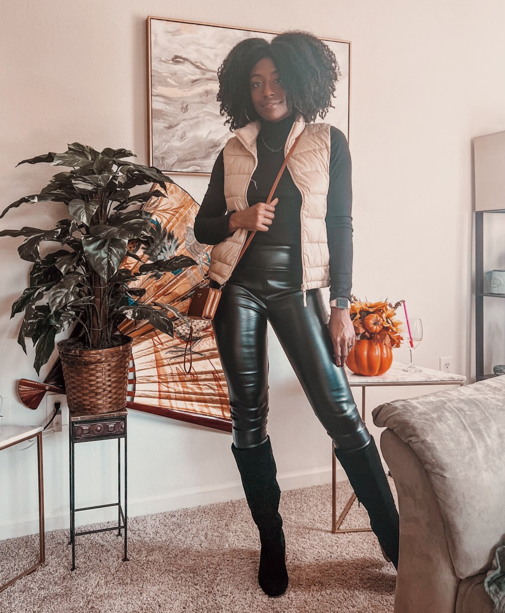 puffer vest + faux leather leggings&nbsp;outfit