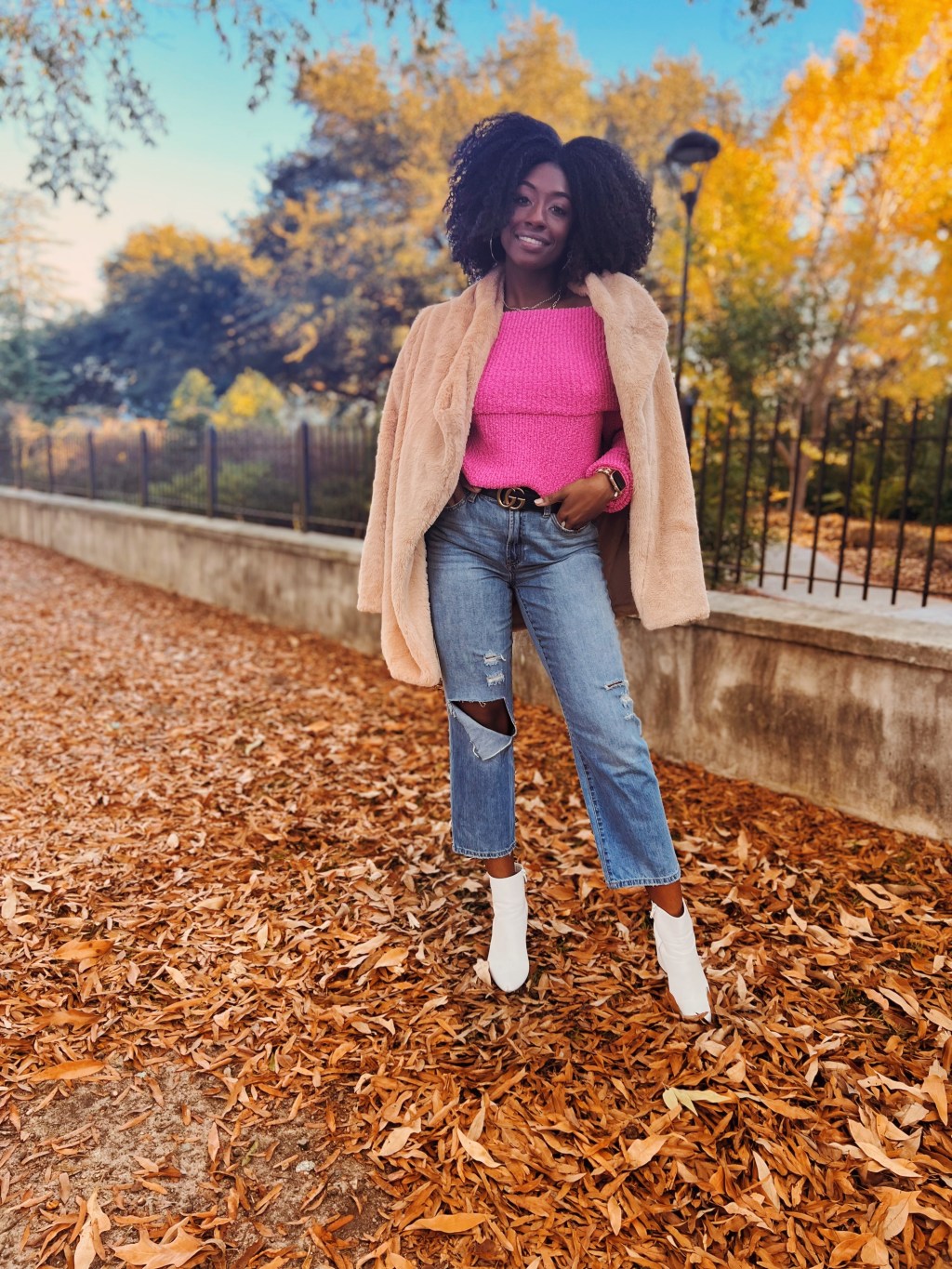 fuchsia fold over sweater&nbsp;styling